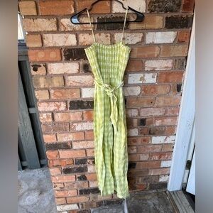 House Of Harlow 1960 Linen Smocked Gingham Lime Green Jumpsuit